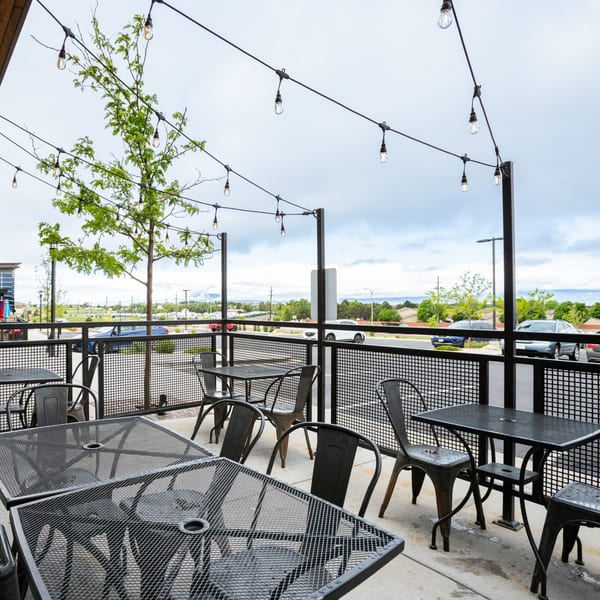Outdoor patio at Skirted Heifer with metal tables and chairs, strung lights, and a tree.