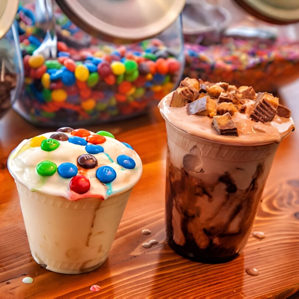 Two milkshakes, one vanilla with M&M's and one chocolate with Reese's, on a wooden table.